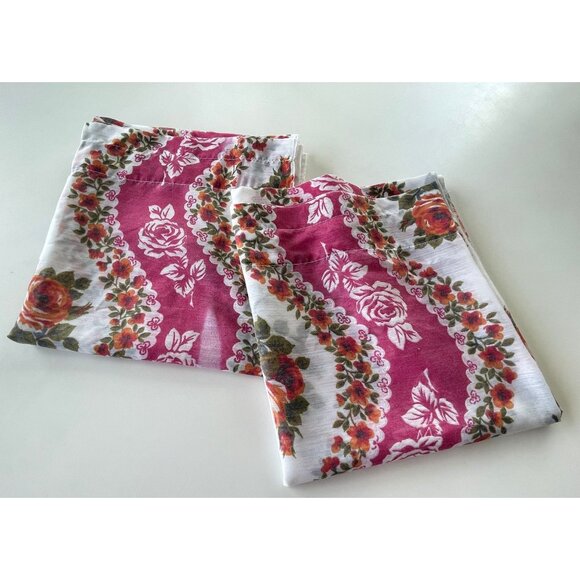 Vintage 70s curtains, white, hot pink striped, sheer floral panels, pair - Picture 10 of 10